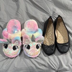 Cat & Jack Black Ballet Flats and unicorn slippers size 12/13 13